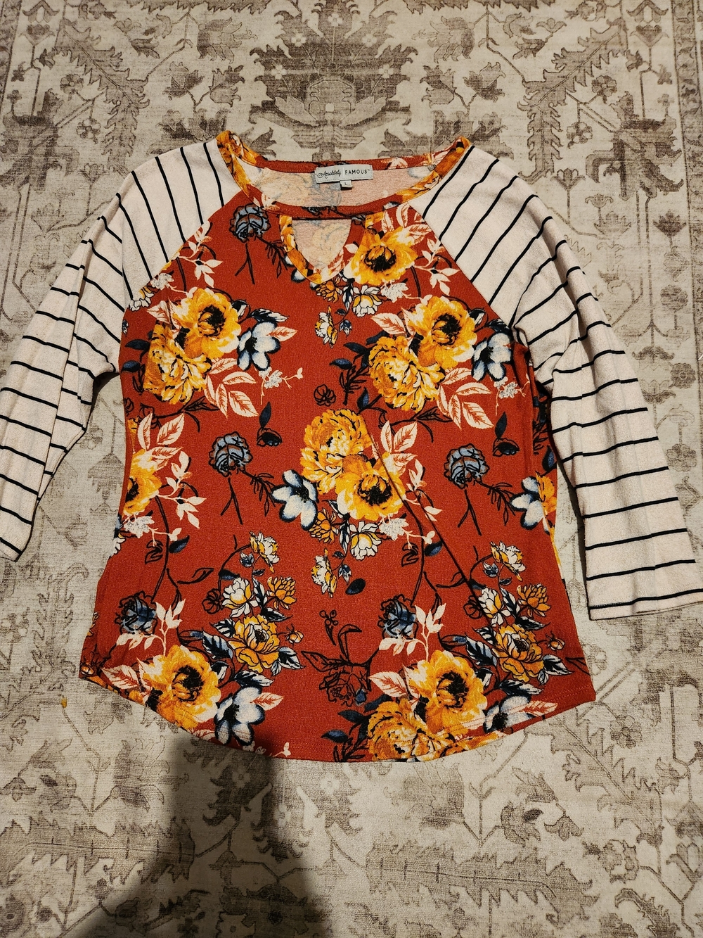 Almost Famous Rust Floral Raglan Top with Cream Striped Sleeves